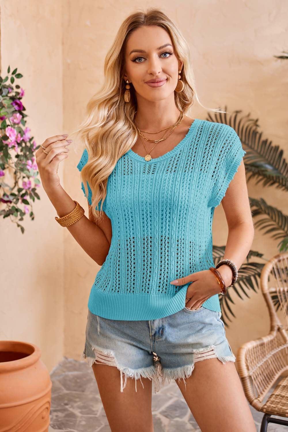 imageArachampampCloz Womens Summer Crochet Tops 2024 Lightweight Cap Sleeve Crew Neck Knit Fashion Casual Sleeveless Sweater VestBlue