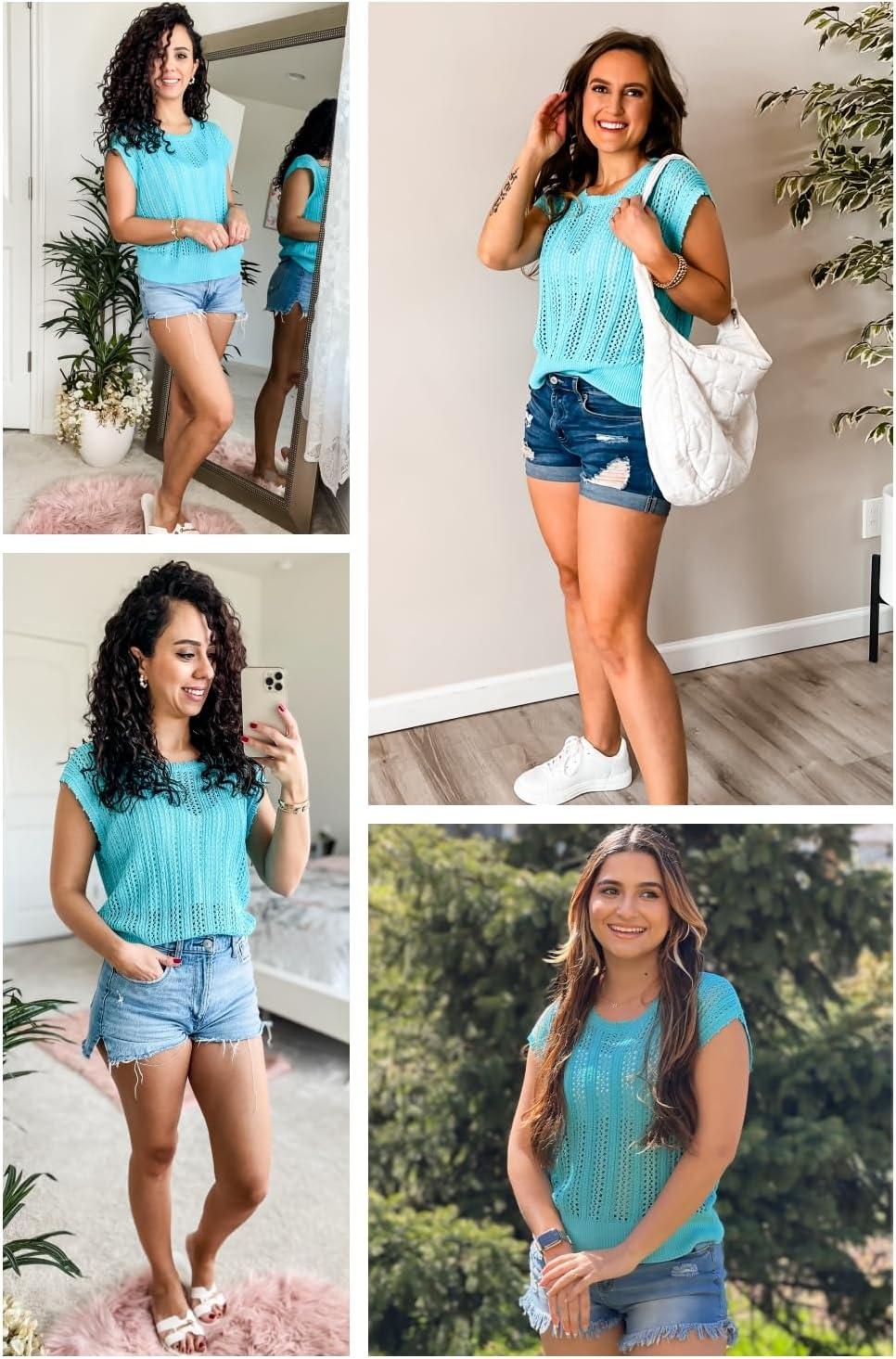 imageArachampampCloz Womens Summer Crochet Tops 2024 Lightweight Cap Sleeve Crew Neck Knit Fashion Casual Sleeveless Sweater VestBlue