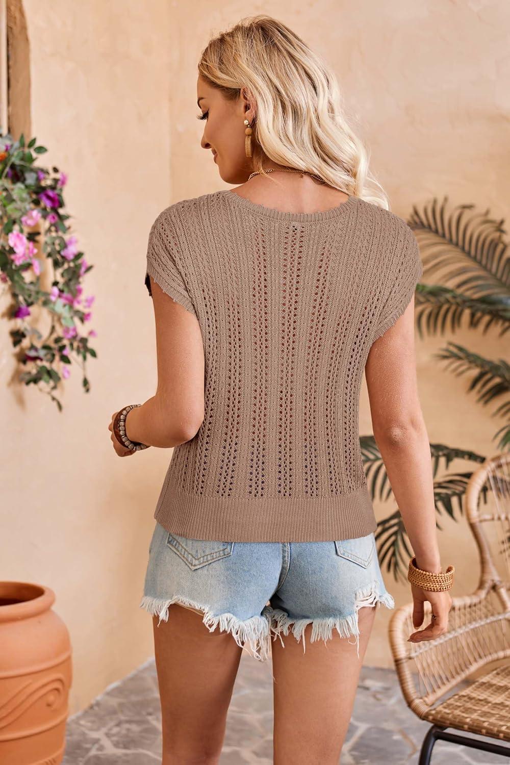 imageArachampampCloz Womens Summer Crochet Tops 2024 Lightweight Cap Sleeve Crew Neck Knit Fashion Casual Sleeveless Sweater VestCamel