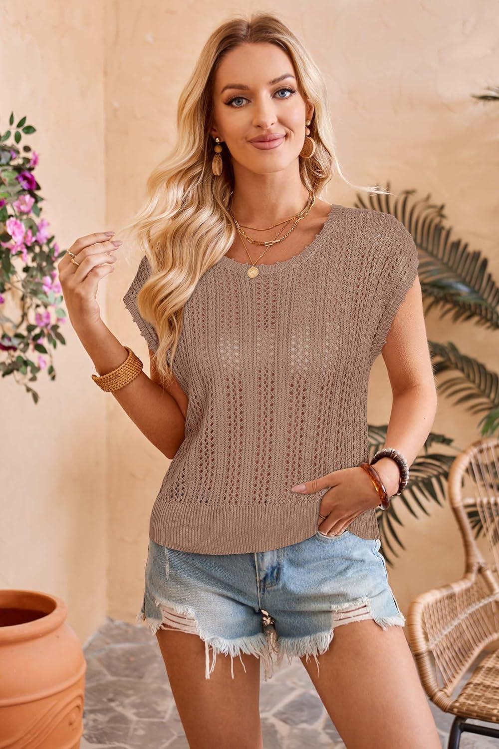 imageArachampampCloz Womens Summer Crochet Tops 2024 Lightweight Cap Sleeve Crew Neck Knit Fashion Casual Sleeveless Sweater VestCamel