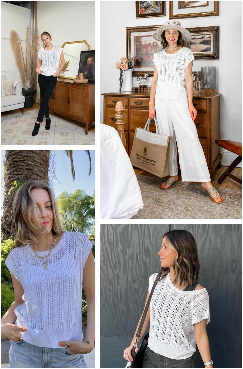 imageArachampampCloz Womens Summer Crochet Tops 2024 Lightweight Cap Sleeve Crew Neck Knit Fashion Casual Sleeveless Sweater VestWhite