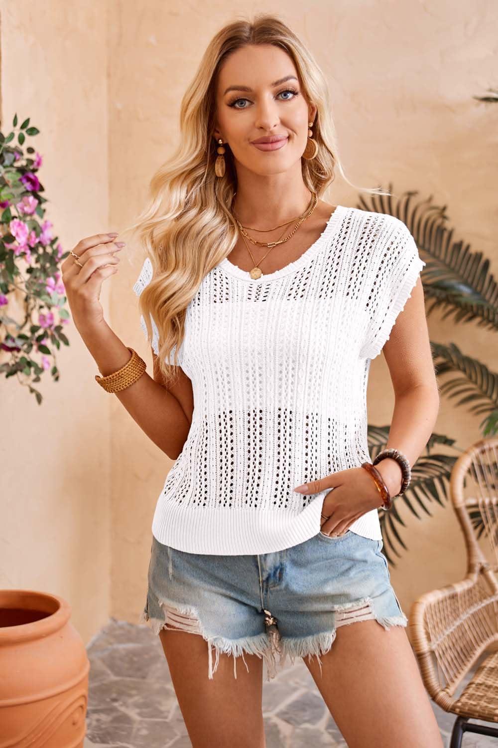imageArachampampCloz Womens Summer Crochet Tops 2024 Lightweight Cap Sleeve Crew Neck Knit Fashion Casual Sleeveless Sweater VestWhite