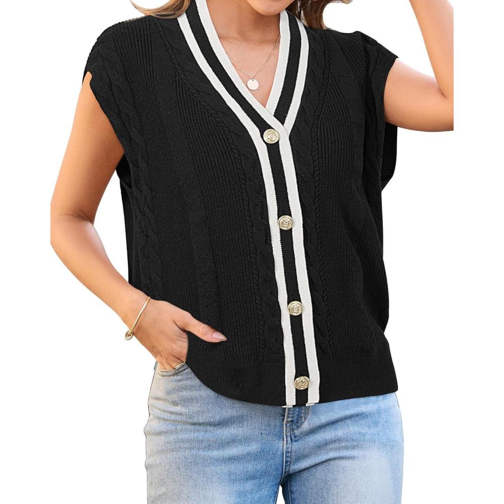 imageArachampampCloz Summer Sweater Vest Women Spring Cap Sleeve V Neck Striped Button Casual Cardigan Sweater Knit Tank Tops 2025Blackwhite