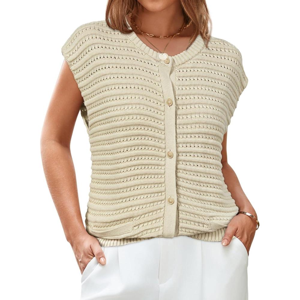 imageArachampampCloz Women Cap Sleeve Sweater Vest 2025 Summer Crochet Button Down Knit Cardigan Loose Business Casual Tops TrendyApricot