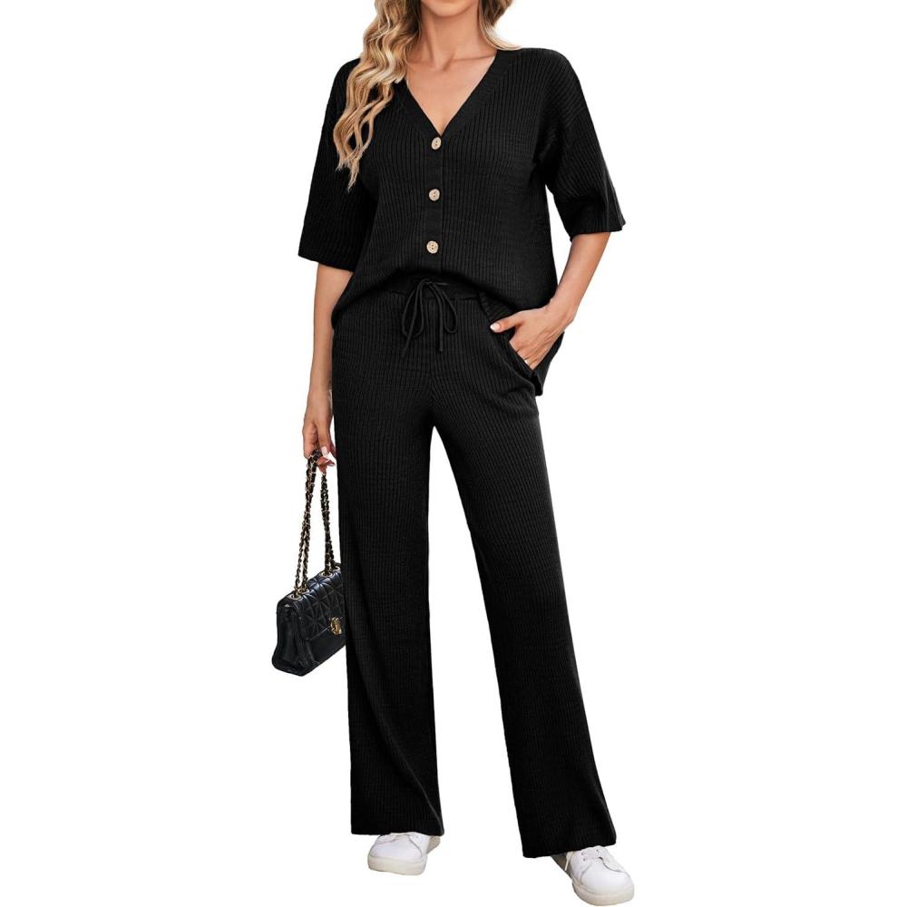 imageArachampampCloz Womens 2 Piece Sets Spring Summer Outfits 2024 Short Sleeve Cardigan Sweaters Wide Leg Pants Lounge TracksuitsBlack