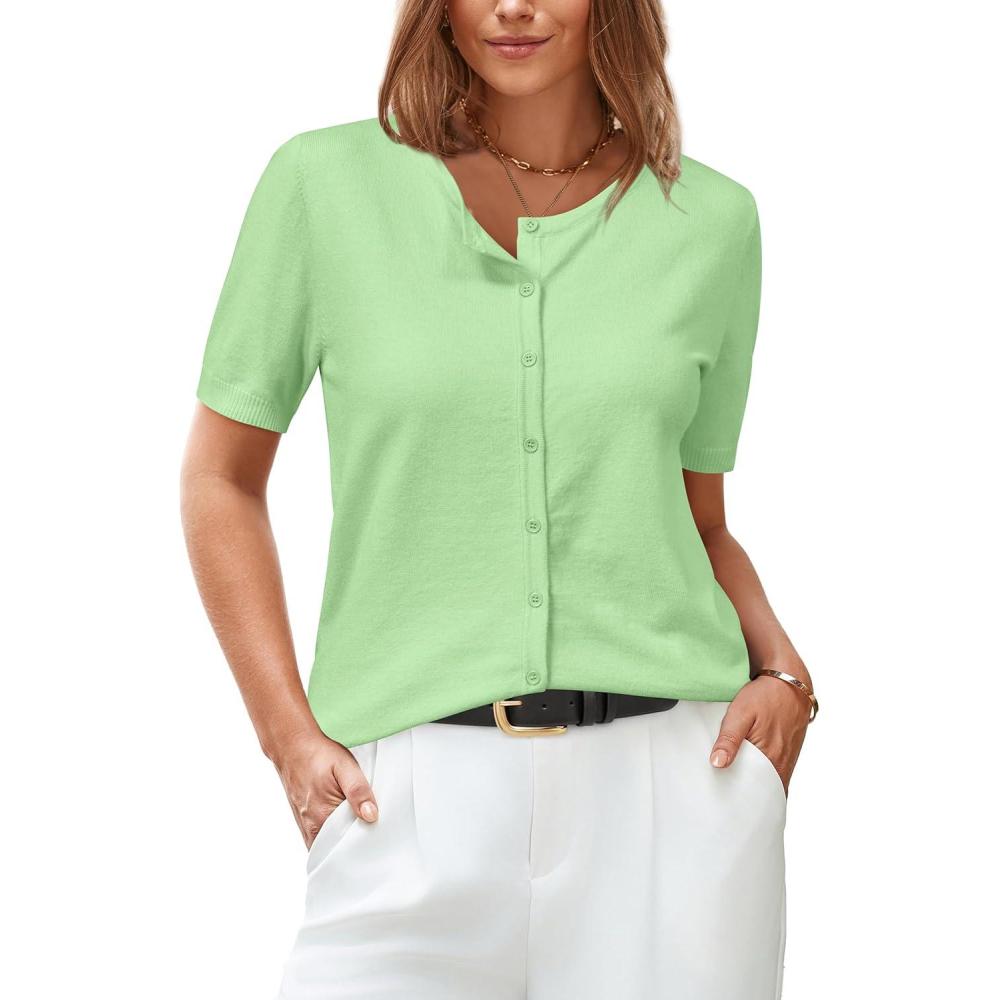imageArachampampCloz Womens 2025 Summer Lightweight Cropped Cardigan Short Sleeve Crew Neck Bolero Shrug Casual TopLight Green