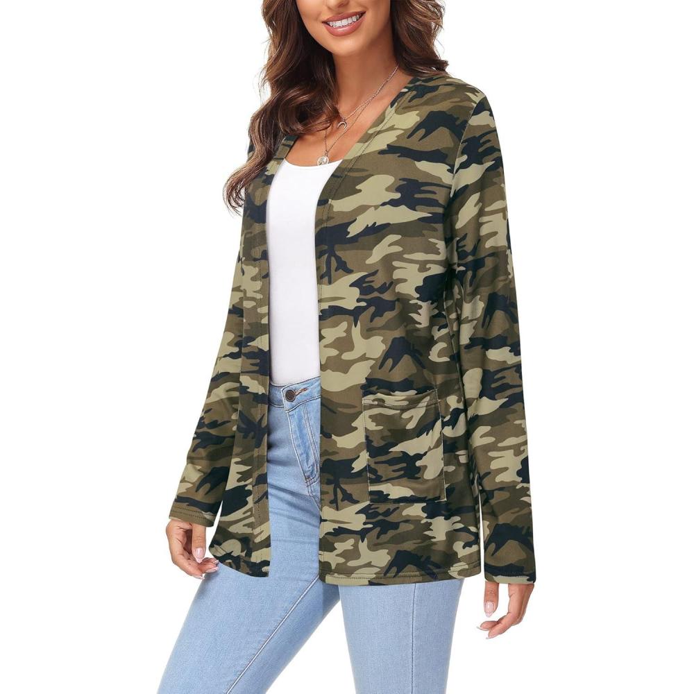 imageArachampampCloz Womens Casual Long Sleeve Open Front Leopard Cardigan Outwear Sweaters with PocketsCamo01