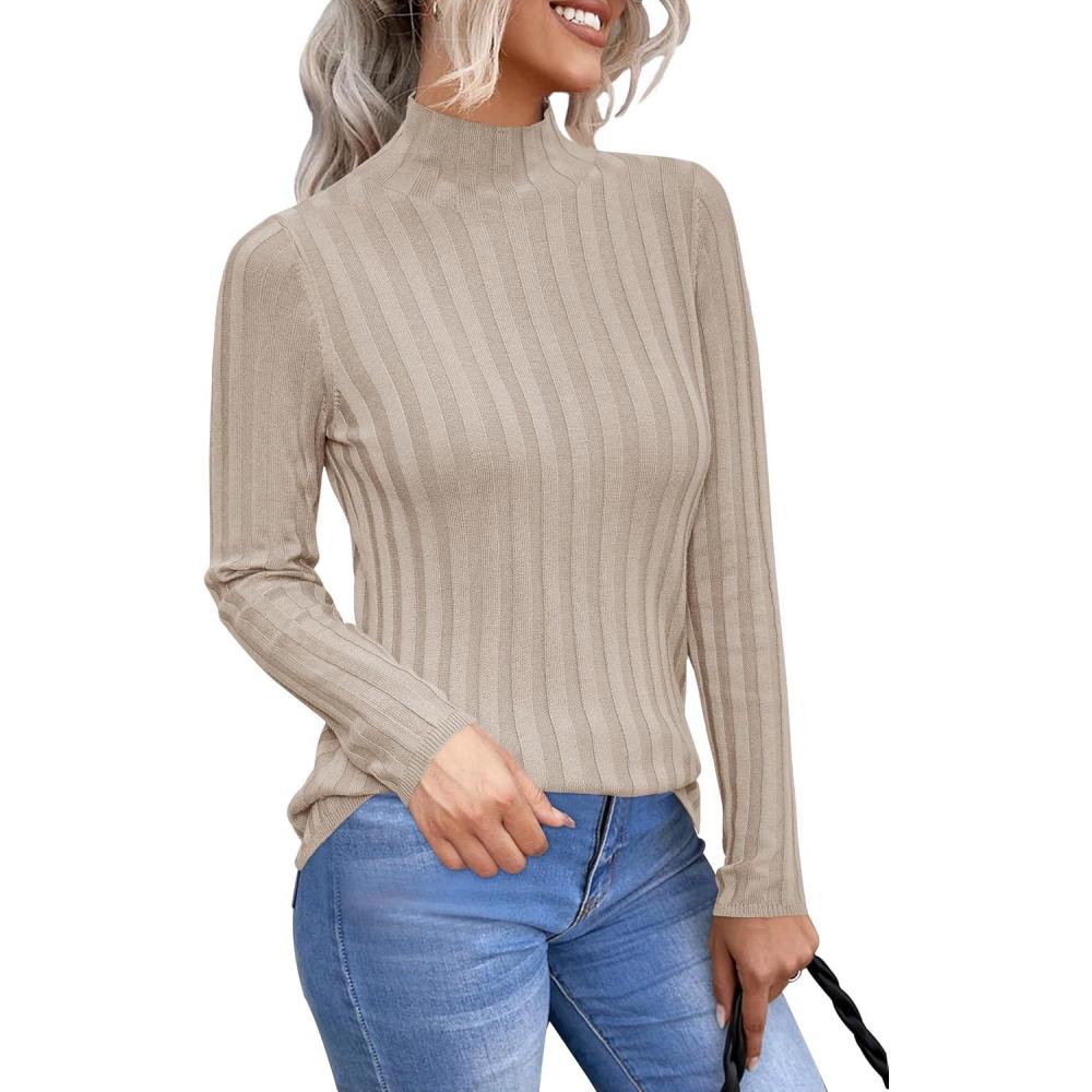 imageArachampampCloz Womens Fall Ribbed Wool Blend Sweater Mock Neck Casual Outfits Long Sleeve Fitted Tops Trendy 2024Apricot