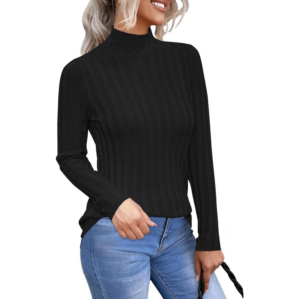 imageArachampampCloz Womens Fall Ribbed Wool Blend Sweater Mock Neck Casual Outfits Long Sleeve Fitted Tops Trendy 2024Black
