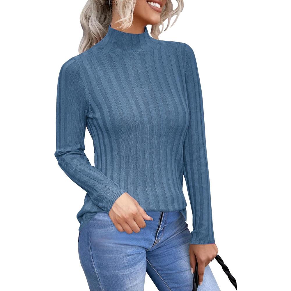 imageArachampampCloz Womens Fall Ribbed Wool Blend Sweater Mock Neck Casual Outfits Long Sleeve Fitted Tops Trendy 2024Lake Blue