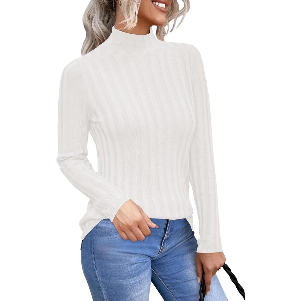 imageArachampampCloz Womens Fall Ribbed Wool Blend Sweater Mock Neck Casual Outfits Long Sleeve Fitted Tops Trendy 2024Offwhite