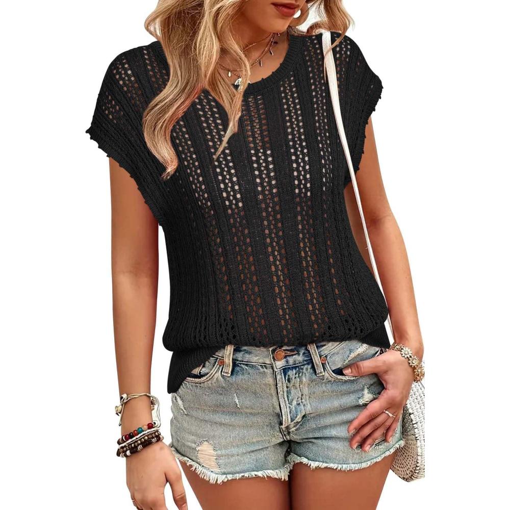 imageArachampampCloz Womens Summer Crochet Tops 2024 Lightweight Cap Sleeve Crew Neck Knit Fashion Casual Sleeveless Sweater VestBlack