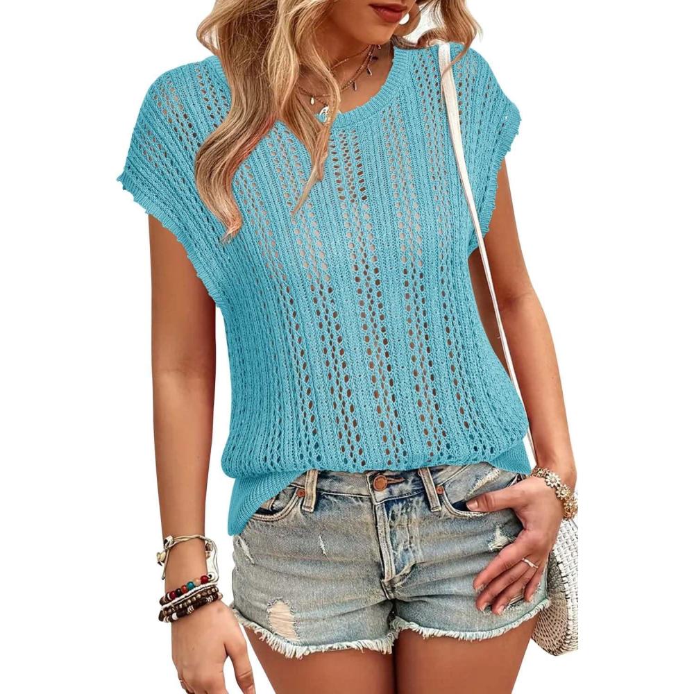 imageArachampampCloz Womens Summer Crochet Tops 2024 Lightweight Cap Sleeve Crew Neck Knit Fashion Casual Sleeveless Sweater VestBlue