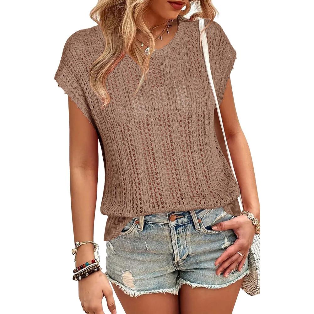 imageArachampampCloz Womens Summer Crochet Tops 2024 Lightweight Cap Sleeve Crew Neck Knit Fashion Casual Sleeveless Sweater VestCamel