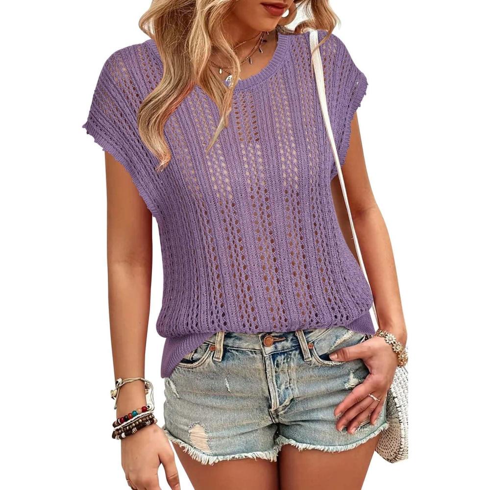 imageArachampampCloz Womens Summer Crochet Tops 2024 Lightweight Cap Sleeve Crew Neck Knit Fashion Casual Sleeveless Sweater VestGrey Purple