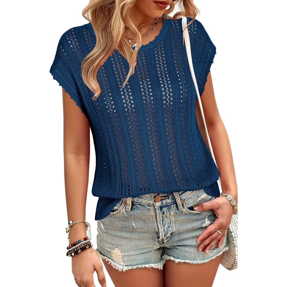 imageArachampampCloz Womens Summer Crochet Tops 2024 Lightweight Cap Sleeve Crew Neck Knit Fashion Casual Sleeveless Sweater VestPeacock Blue