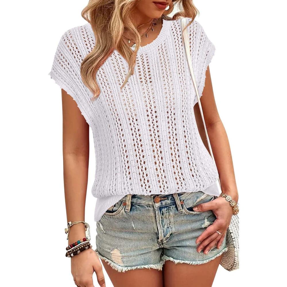 imageArachampampCloz Womens Summer Crochet Tops 2024 Lightweight Cap Sleeve Crew Neck Knit Fashion Casual Sleeveless Sweater VestWhite