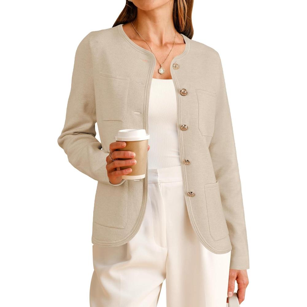 imageArachampampCloz Womens Wool Blend Sweater Blazers Business Casual Jacket with Pockets 2025Apricot