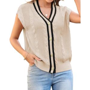 Arach&Cloz Summer Sweater Vest Women Spring Cap Sleeve V Neck Striped Button Casual Cardigan Sweater Knit Tank Tops 2025(Apricot-black)