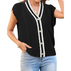 Arach&Cloz Summer Sweater Vest Women Spring Cap Sleeve V Neck Striped Button Casual Cardigan Sweater Knit Tank Tops 2025(Black-white)