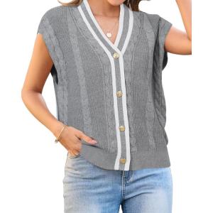 Arach&Cloz Summer Sweater Vest Women Spring Cap Sleeve V Neck Striped Button Casual Cardigan Sweater Knit Tank Tops 2025(Grey-white)