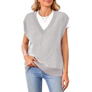 Arach&Cloz Sweaters Vest Women Fall Fleece Sleeveless V Neck Loose Ribbed Knit Pullover Sweater Vest Tops for Women(Gray)