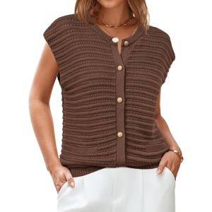 Arach&Cloz Women Cap Sleeve Sweater Vest 2025 Summer Crochet Button Down Knit Cardigan Loose Business Casual Tops Trendy(Coffee)
