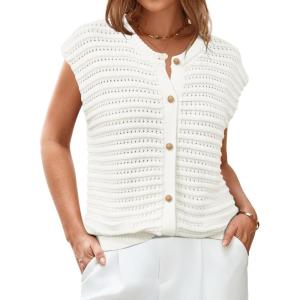 Arach&Cloz Women Cap Sleeve Sweater Vest 2025 Summer Crochet Button Down Knit Cardigan Loose Business Casual Tops Trendy(White)