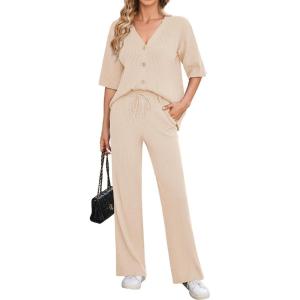 Arach&Cloz Womens 2 Piece Sets Spring Summer Outfits 2024 Short Sleeve Cardigan Sweaters Wide Leg Pants Lounge Tracksuits(Apricot)