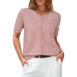 Arach&Cloz Women’s 2025 Summer Lightweight Cropped Cardigan Short Sleeve Crew Neck Bolero Shrug Casual Top(Dusty Pink)