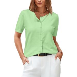 Arach&Cloz Women’s 2025 Summer Lightweight Cropped Cardigan Short Sleeve Crew Neck Bolero Shrug Casual Top(Light Green)
