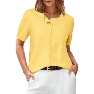 Arach&Cloz Women’s 2025 Summer Lightweight Cropped Cardigan Short Sleeve Crew Neck Bolero Shrug Casual Top(Yellow)