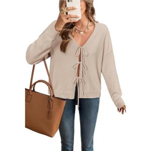Arach&Cloz Women’s Cozy Cotton Tie Front Fall Trendy Bow Cardigan Sweaters 2025(Apricot)