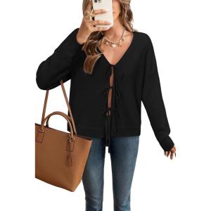 Arach&Cloz Women’s Cozy Cotton Tie Front Fall Trendy Bow Cardigan Sweaters 2025(Black)