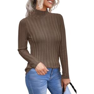 Arach&Cloz Womens Fall Ribbed Wool Blend Sweater Mock Neck Casual Outfits Long Sleeve Fitted Tops Trendy 2024(Brown)