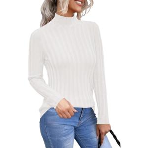 Arach&Cloz Womens Fall Ribbed Wool Blend Sweater Mock Neck Casual Outfits Long Sleeve Fitted Tops Trendy 2024(Off-white)
