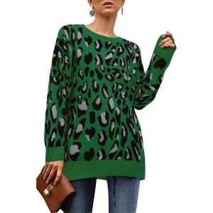 Arach&Cloz Womens Leopard Print Long Sleeve Crew Neck Casual Knitted Pullover Sweater Tops(Green)
