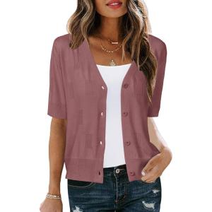 Arach&Cloz Women’s Lightweight Summer Business Casual Cropped Short Sleeve Cardigan(Dusty Red)
