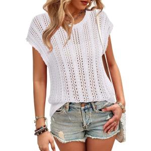 Arach&Cloz Womens Summer Crochet Tops 2024 Lightweight Cap Sleeve Crew Neck Knit Fashion Casual Sleeveless Sweater Vest(White)