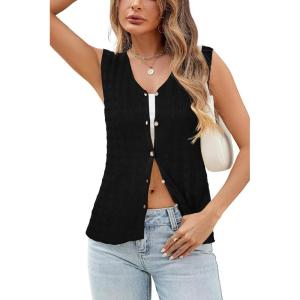 Arach&Cloz Womens Sweater Vest Tops 2025 Summer Knit V Neck Cardigan Sleeveless Button Textured Business Casual Outfits(Black)