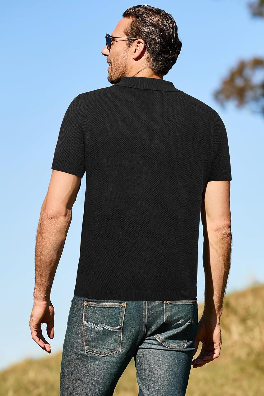 imageArachampampCloz Mens Wool Blended Button Down Shirt Short Sleeve Knit 2025 Summer Fashion Dress Shirts Casual Business GolfBlack