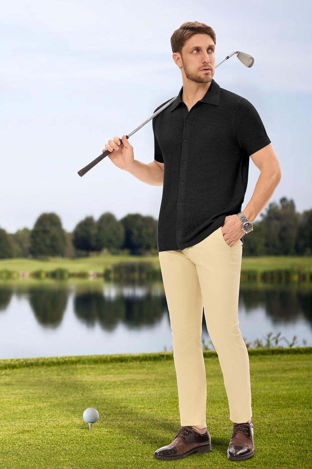 imageArachampampCloz Mens Wool Blended Button Down Shirt Short Sleeve Knit 2025 Summer Fashion Dress Shirts Casual Business GolfBlack