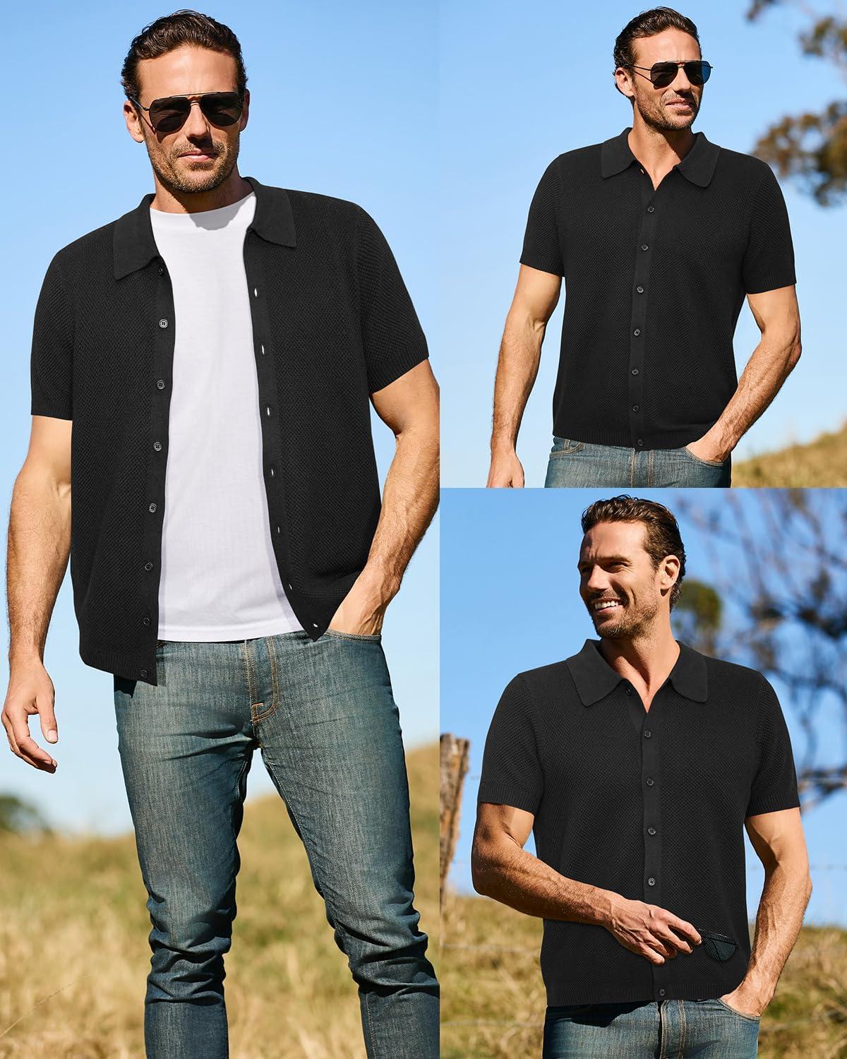 imageArachampampCloz Mens Wool Blended Button Down Shirt Short Sleeve Knit 2025 Summer Fashion Dress Shirts Casual Business GolfBlack