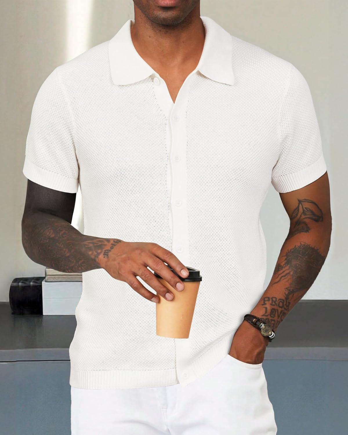 imageArachampampCloz Mens Wool Blended Button Down Shirt Short Sleeve Knit 2025 Summer Fashion Dress Shirts Casual Business GolfWhite