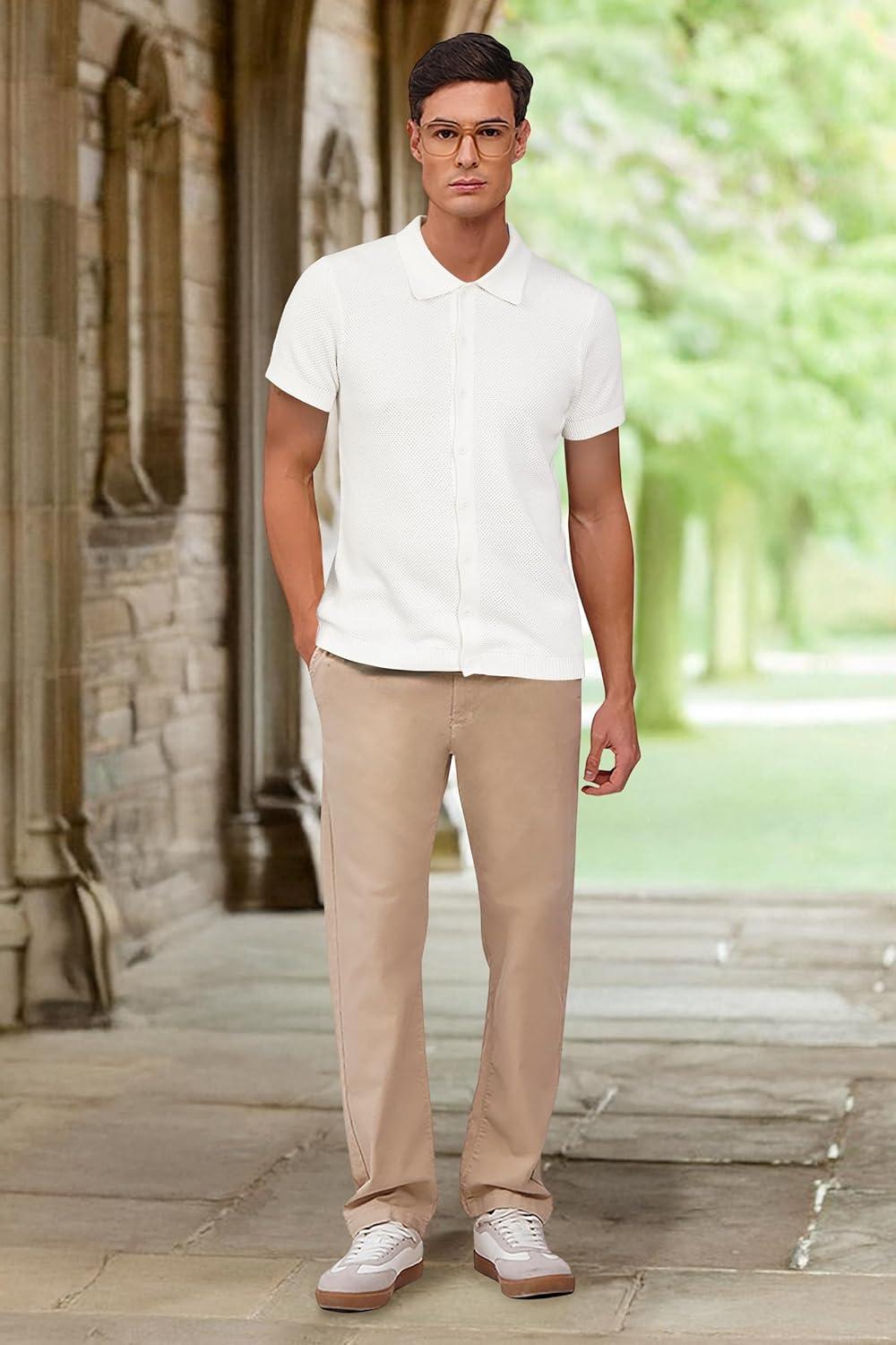 imageArachampampCloz Mens Wool Blended Button Down Shirt Short Sleeve Knit 2025 Summer Fashion Dress Shirts Casual Business GolfWhite