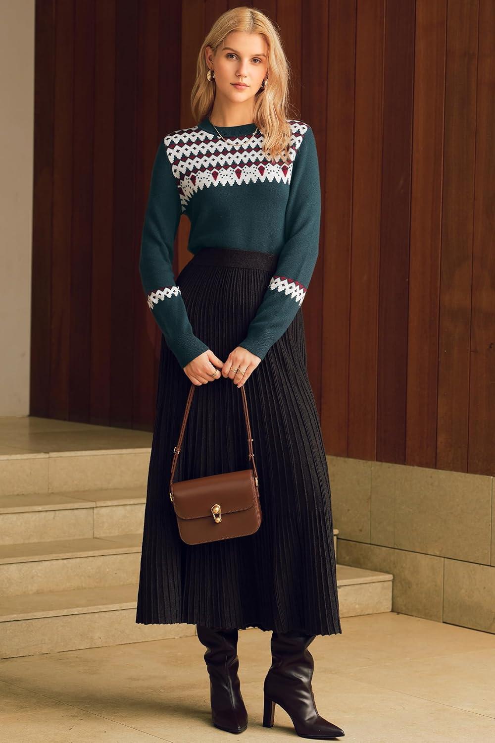 imageArachampampCloz Womens Wool Blend Classic Crew Neck Casual Fall SweatersFair Isledark Green