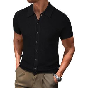 Arach&Cloz Mens Wool Blended Button Down Shirt Short Sleeve Knit 2025 Summer Fashion Dress Shirts Casual Business Golf(Black)