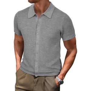 Arach&Cloz Mens Wool Blended Button Down Shirt Short Sleeve Knit 2025 Summer Fashion Dress Shirts Casual Business Golf(Gray)