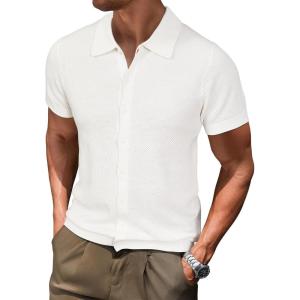 Arach&Cloz Mens Wool Blended Button Down Shirt Short Sleeve Knit 2025 Summer Fashion Dress Shirts Casual Business Golf(White)