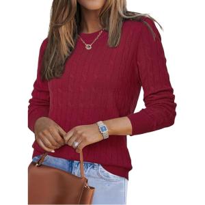 Arach&Cloz Women’s Wool Blend Classic Crew Neck Casual Fall Sweaters(Cable-burgundy)